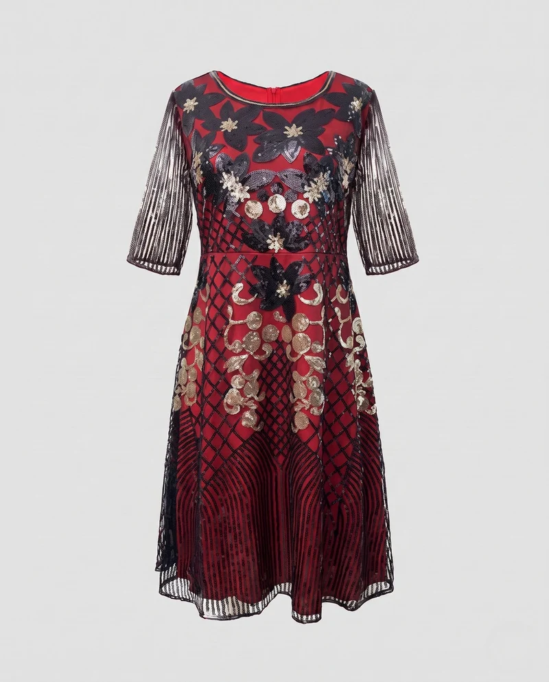 Damen Glitzerndes Floral Kleid mit eleganter Transparenz Nord Taschen