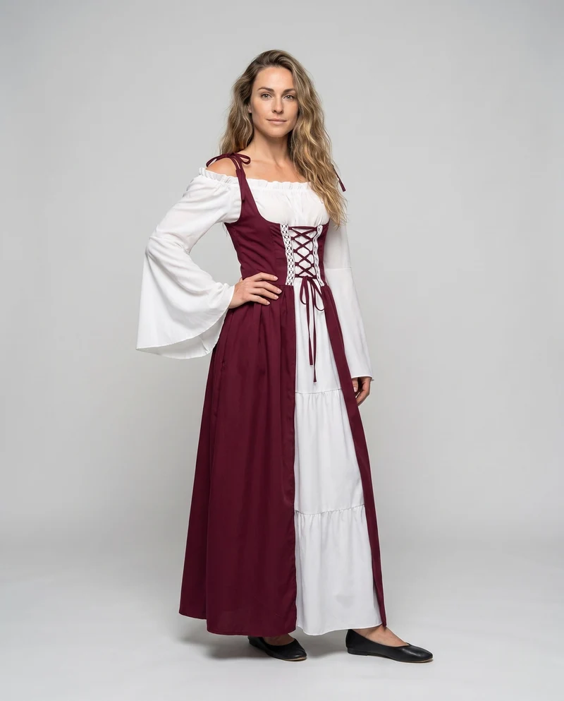 Frauen historische mittelalterliche Kleid mit charmantem Schnitt und elegantem Gürtel Nord Taschen