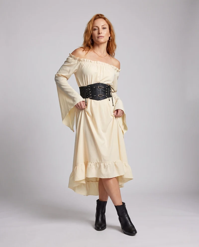 Maxikleid für Damen mit schulterfreier Ausschnitt und eleganten Rüschen Nord Taschen