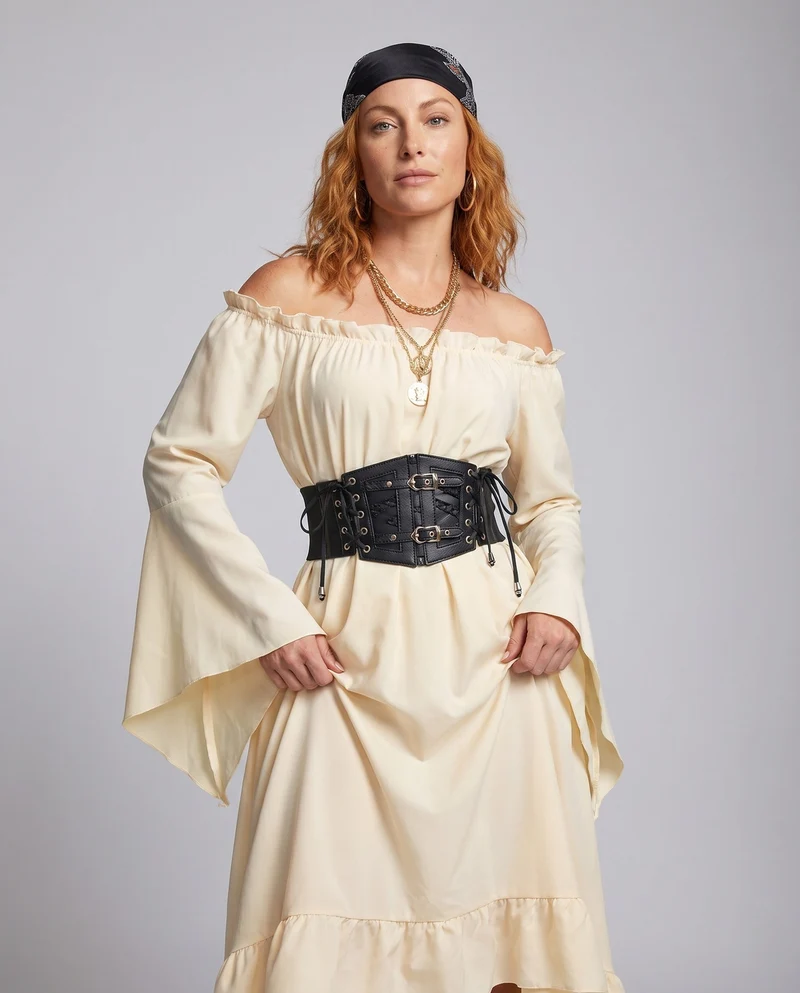 Maxikleid für Damen mit schulterfreier Ausschnitt und eleganten Rüschen Nord Taschen