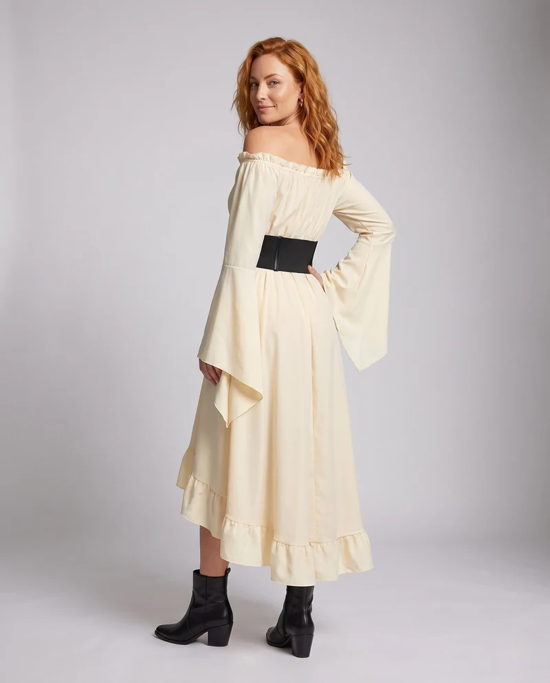 Maxikleid für Damen mit schulterfreier Ausschnitt und eleganten Rüschen Nord Taschen
