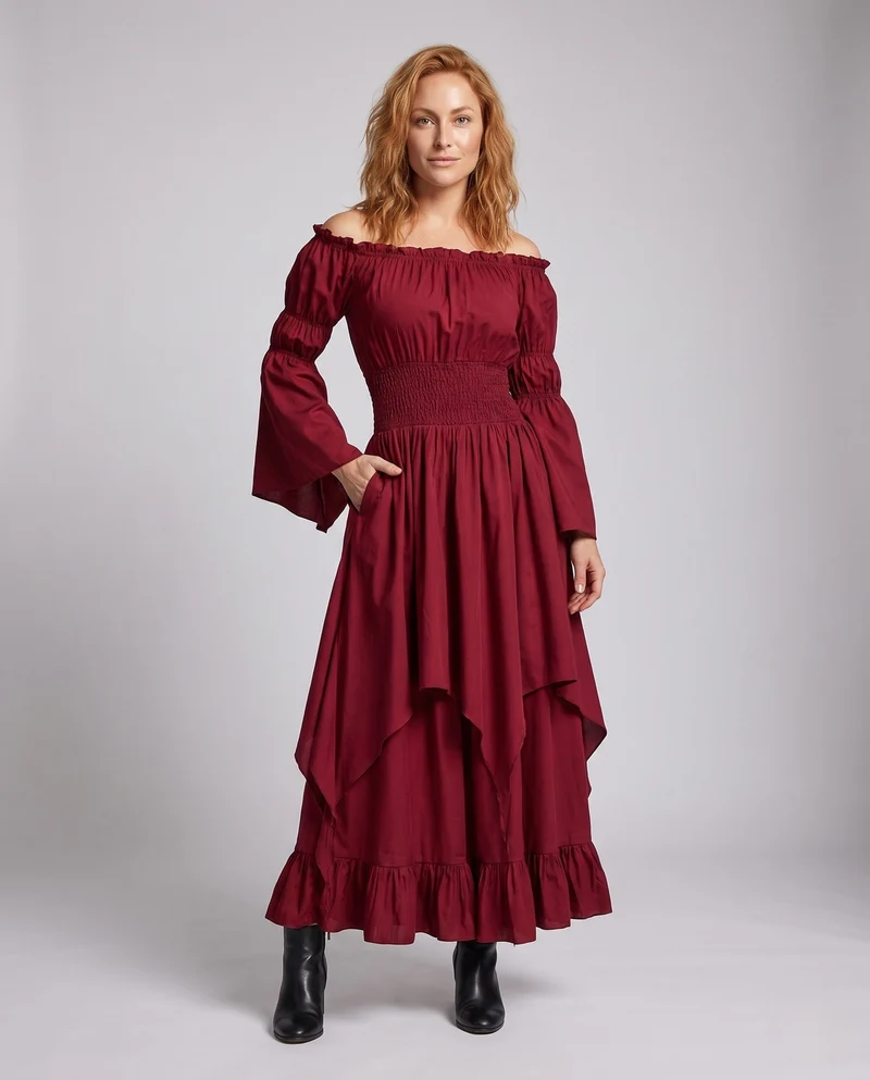 Damen Maxi-Kleid mit voluminösen Rüschen und elegantem Peplum Nord Taschen