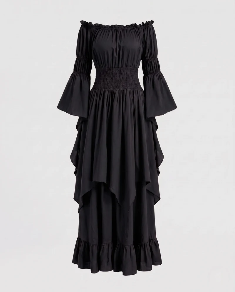Damen Maxi-Kleid mit voluminösen Rüschen und elegantem Peplum Nord Taschen