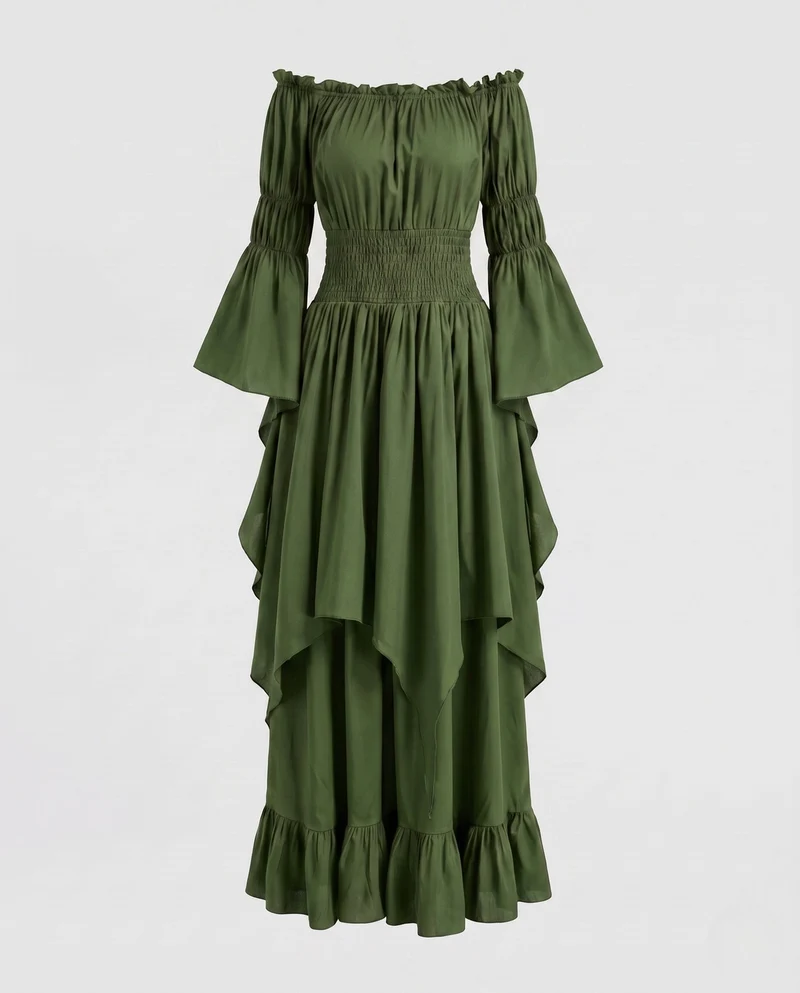 Damen Maxi-Kleid mit voluminösen Rüschen und elegantem Peplum Nord Taschen