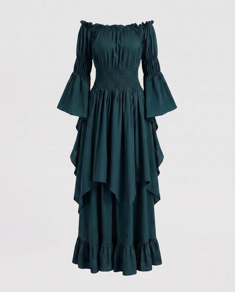 Damen Maxi-Kleid mit voluminösen Rüschen und elegantem Peplum Nord Taschen