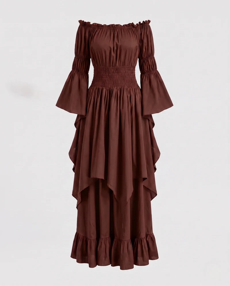 Damen Maxi-Kleid mit voluminösen Rüschen und elegantem Peplum Nord Taschen