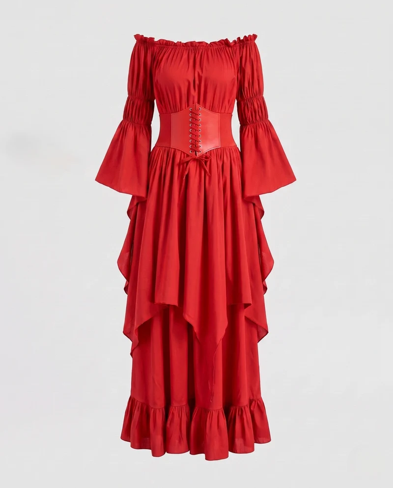 Damen Maxi-Kleid mit voluminösen Rüschen und elegantem Peplum Nord Taschen
