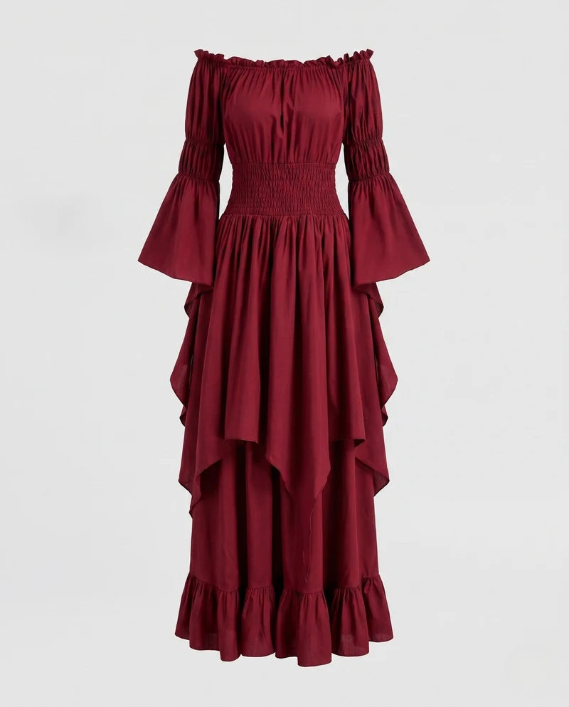 Damen Maxi-Kleid mit voluminösen Rüschen und elegantem Peplum Nord Taschen