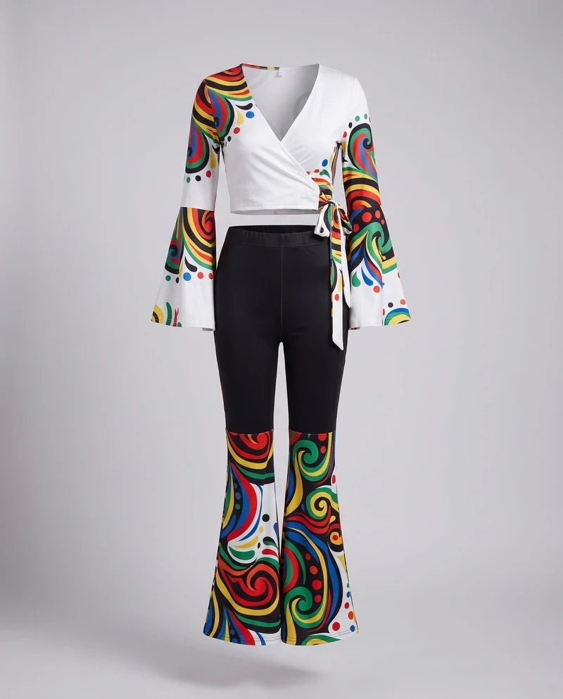Damen modernes Boho-Set mit Wickeloberteil und weiten Hosen Nord Taschen