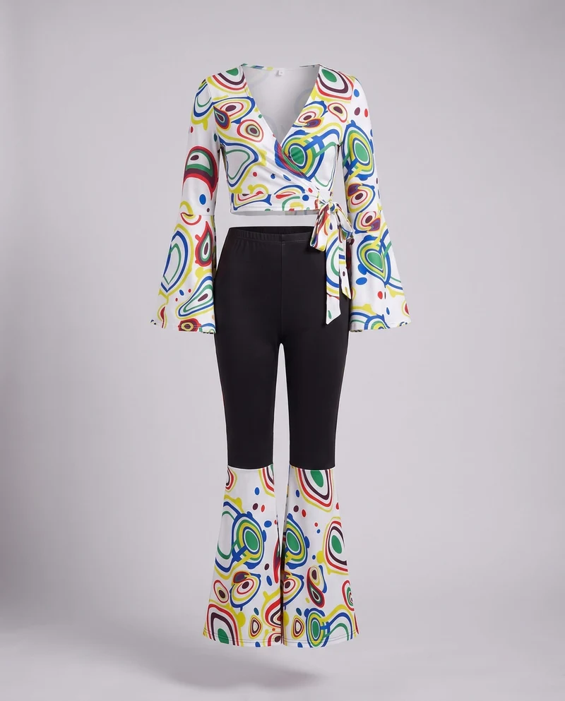 Damen modernes Boho-Set mit Wickeloberteil und weiten Hosen Nord Taschen