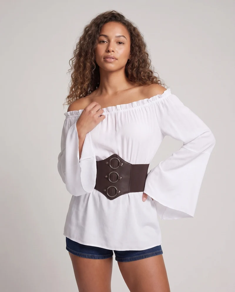 Damen Off-Shoulder Bluse mit weitem Ärmel und figurbetonendem Taillengürtel Nord Taschen