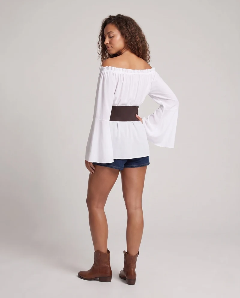 Damen Off-Shoulder Bluse mit weitem Ärmel und figurbetonendem Taillengürtel Nord Taschen