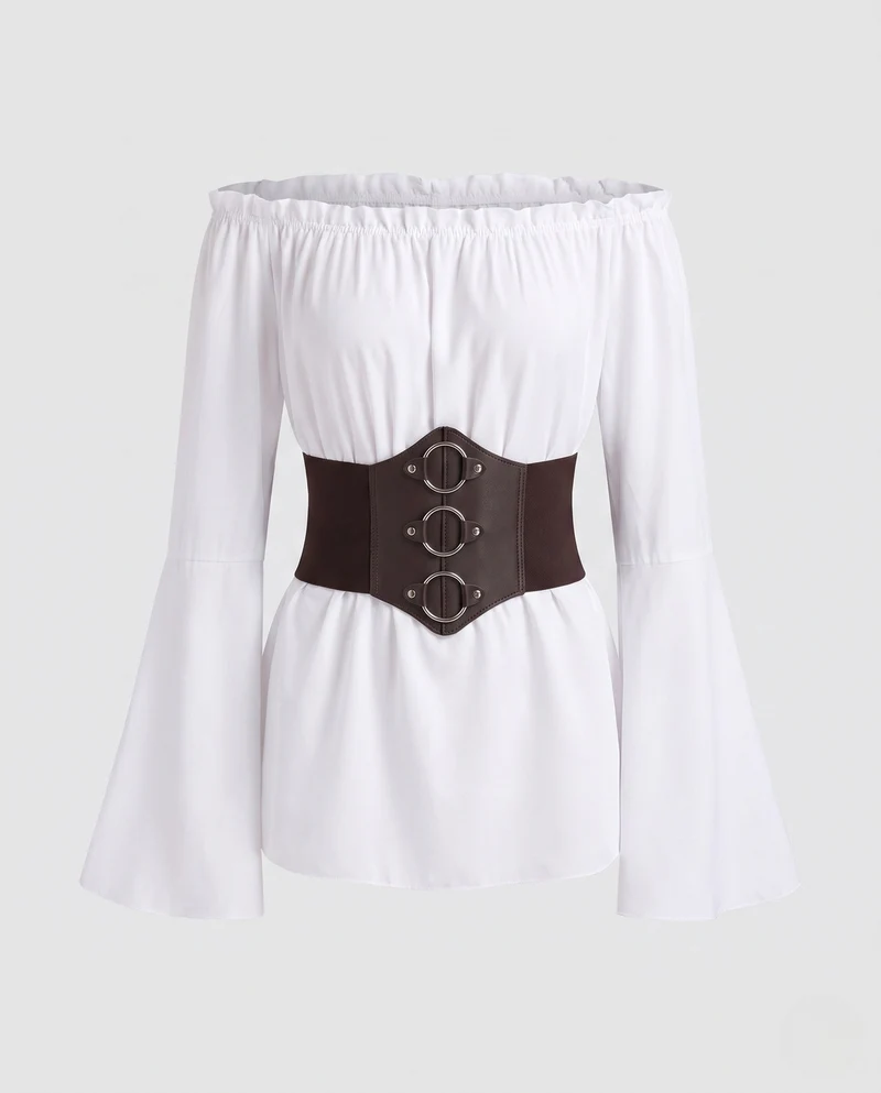Damen Off-Shoulder Bluse mit weitem Ärmel und figurbetonendem Taillengürtel Nord Taschen