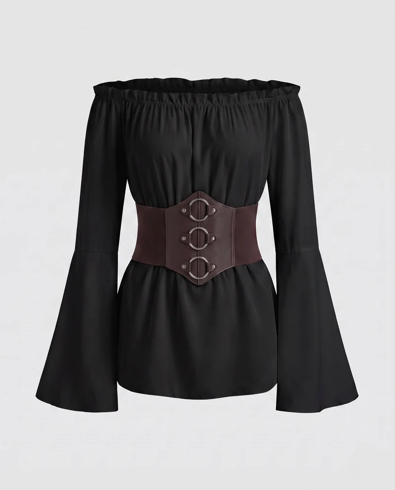 Damen Off-Shoulder Bluse mit weitem Ärmel und figurbetonendem Taillengürtel Nord Taschen