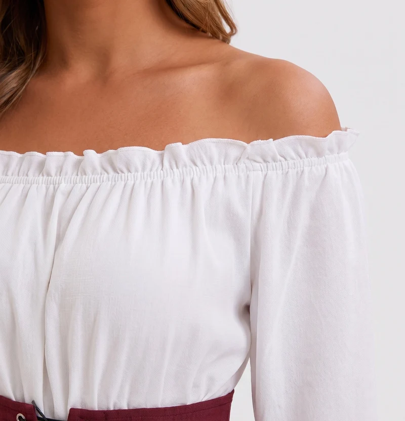 Damen Off-Shoulder Kleid mit Trompetenärmeln Nord Taschen