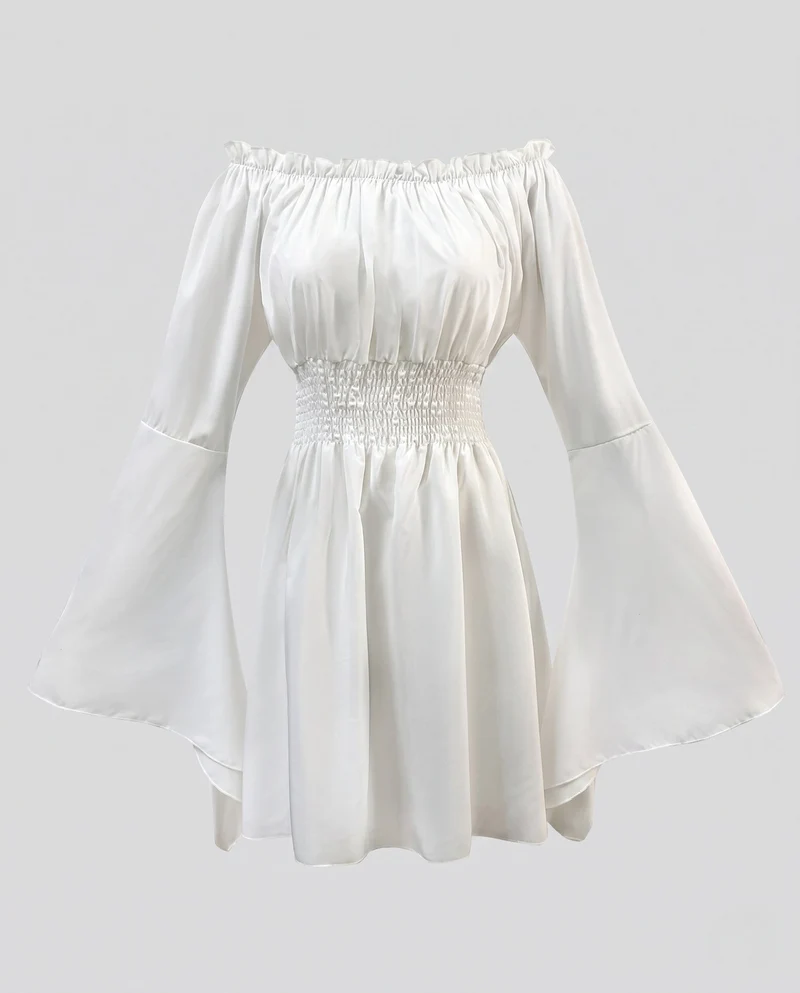 Damen Off-Shoulder Kleid mit Trompetenärmeln Nord Taschen