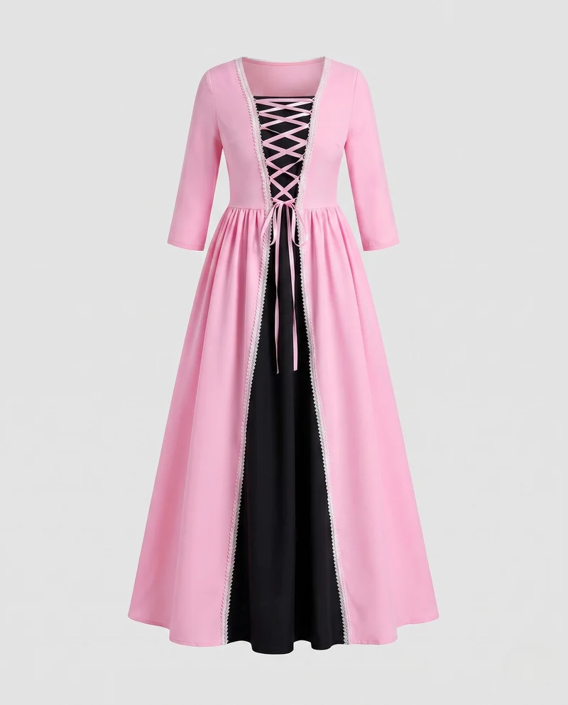 Frauen romantisches Maxikleid mit Schnürung und zweifarbigen Akzenten Nord Taschen
