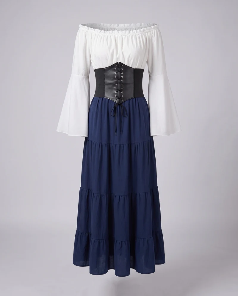 Damen romantisches Maxikleid mit schwingendem Rock und tailliertem Oberteil Nord Taschen