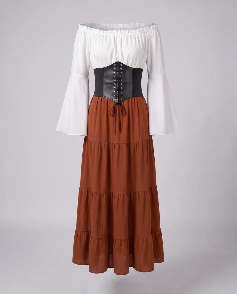 Damen romantisches Maxikleid mit schwingendem Rock und tailliertem Oberteil Nord Taschen