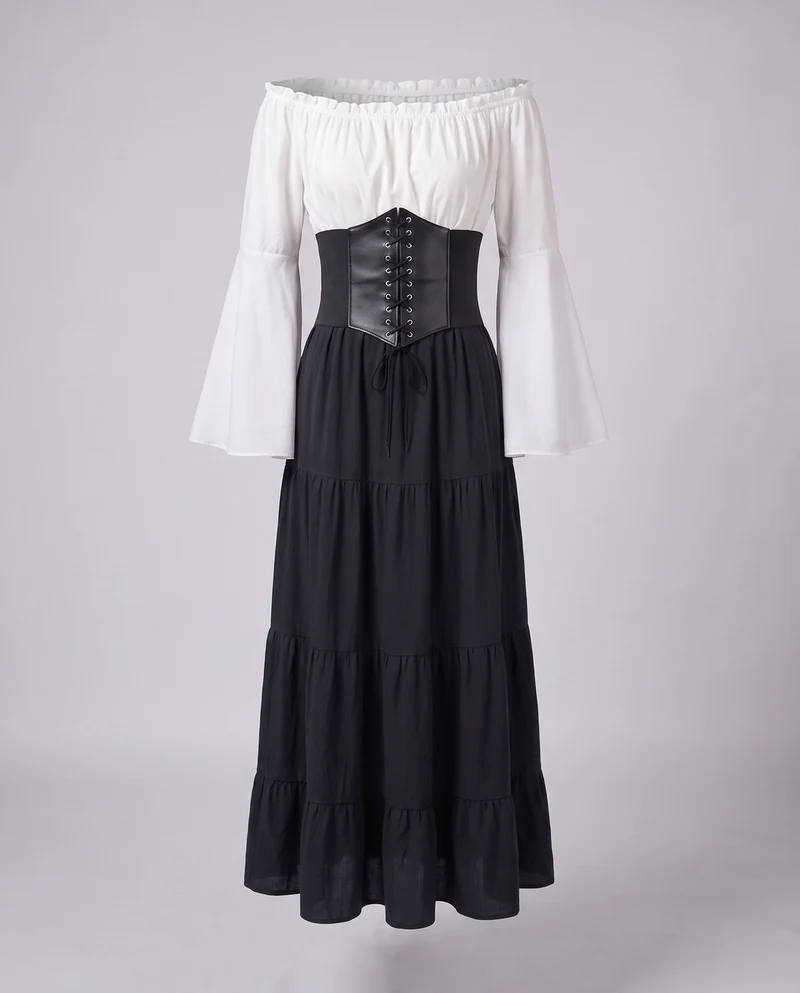 Damen romantisches Maxikleid mit schwingendem Rock und tailliertem Oberteil Nord Taschen