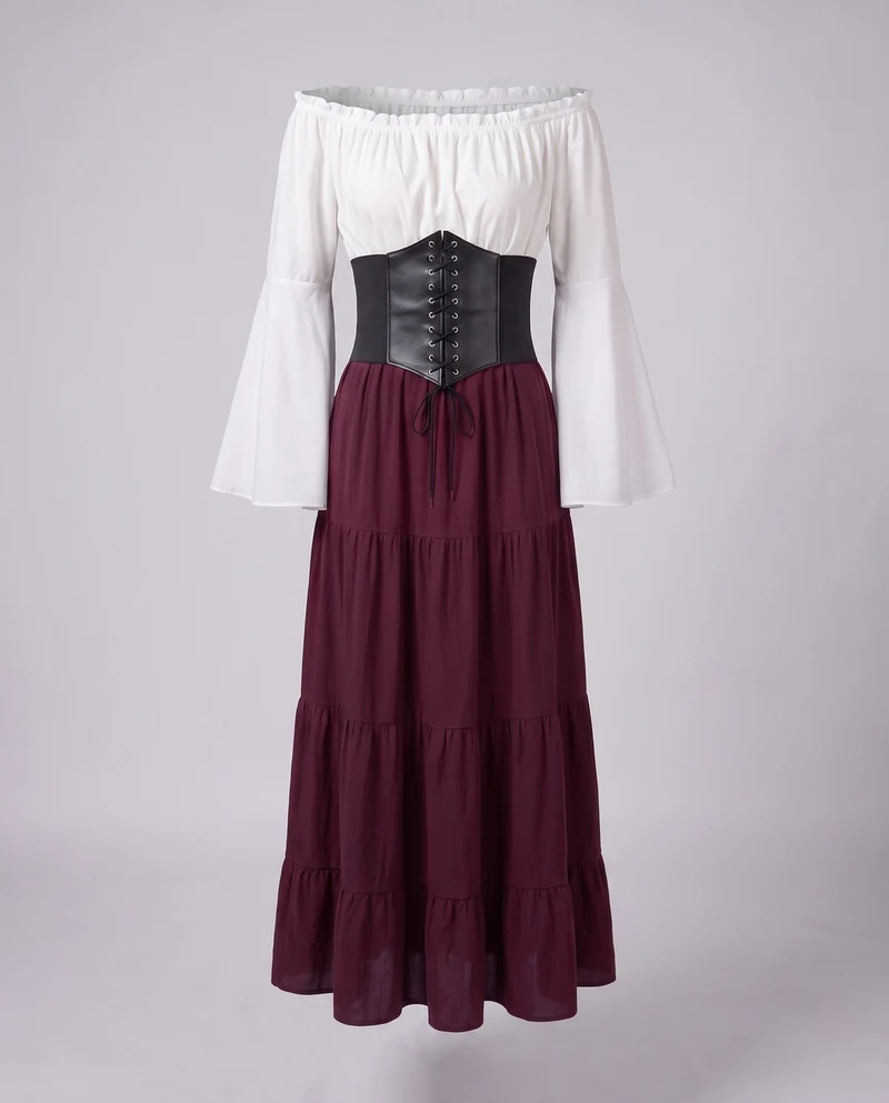 Damen romantisches Maxikleid mit schwingendem Rock und tailliertem Oberteil Nord Taschen