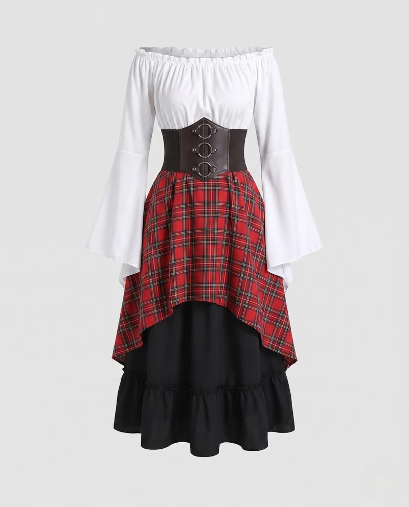 Damen Off-Shoulder Bluse Kleid mit weiten, ausgestellten Ärmeln und tailliertem Oberteil Nord Taschen