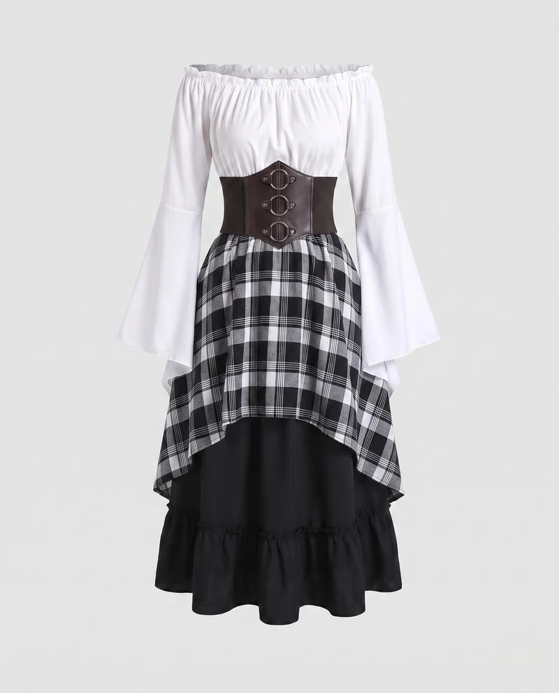 Damen Off-Shoulder Bluse Kleid mit weiten, ausgestellten Ärmeln und tailliertem Oberteil Nord Taschen