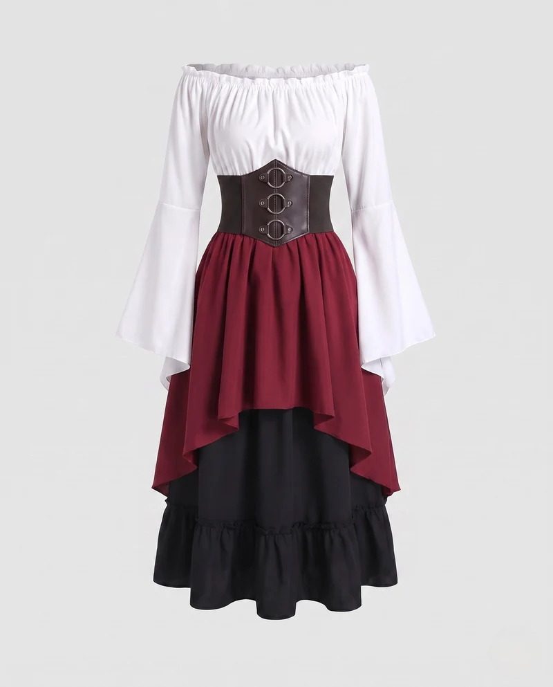 Damen Off-Shoulder Bluse Kleid mit weiten, ausgestellten Ärmeln und tailliertem Oberteil Nord Taschen