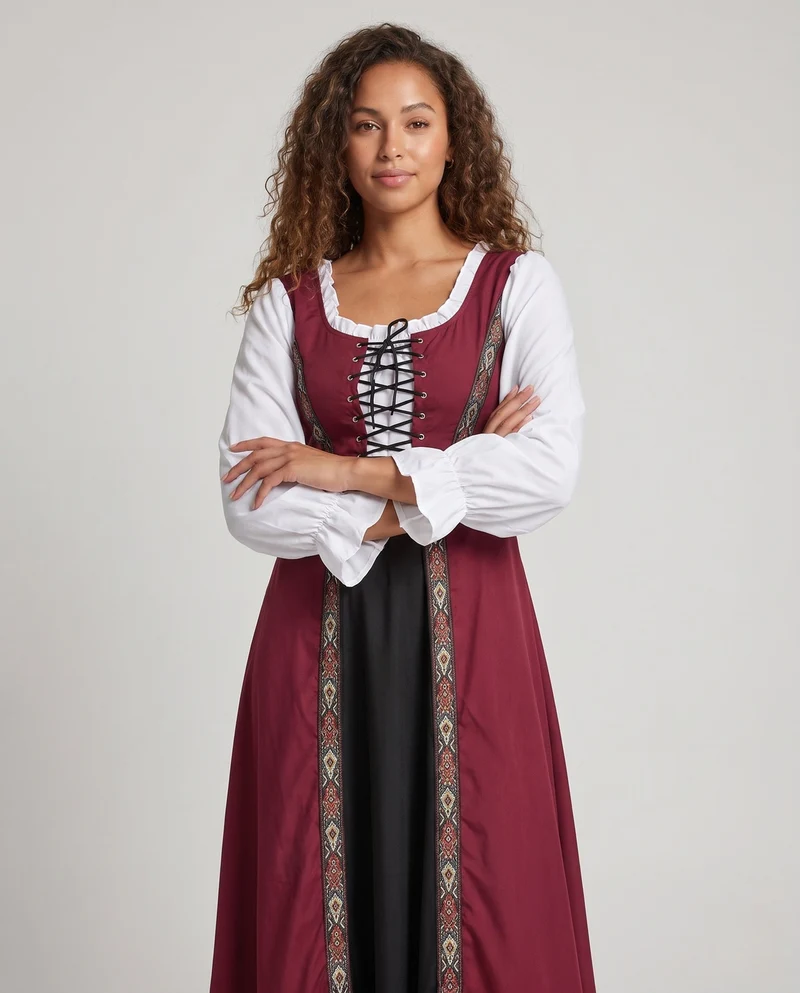 Frauen traditionelle Kleid mit dekorativer Schnürung und bunten Stickdetails Nord Taschen