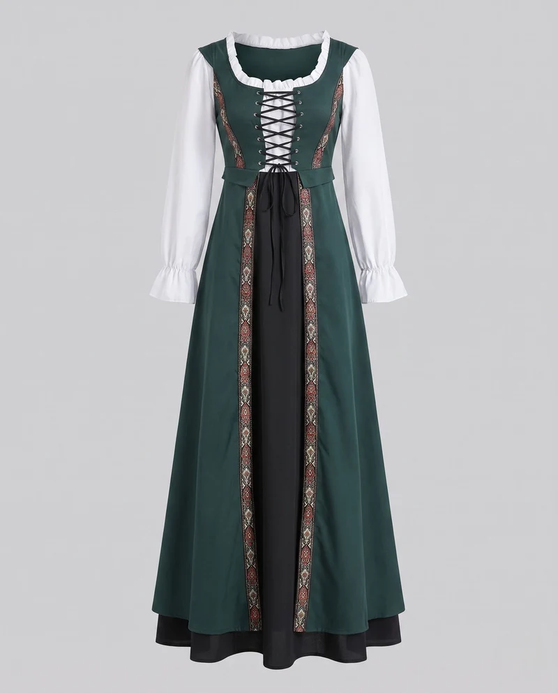 Frauen traditionelle Kleid mit dekorativer Schnürung und bunten Stickdetails Nord Taschen