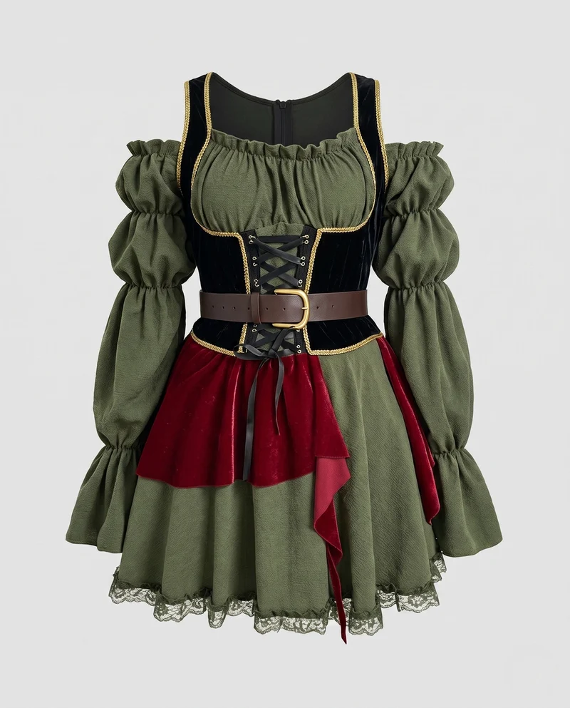 Frauen traditionelle Kleid mit Rüschendetails und figurbetontem Gürtel Nord Taschen