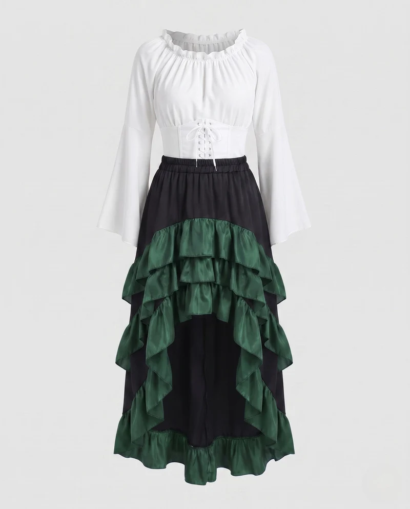 Frauen Historisches Rüschkleid mit Eleganter Korsage und Ausgestellt Rock Nord Taschen