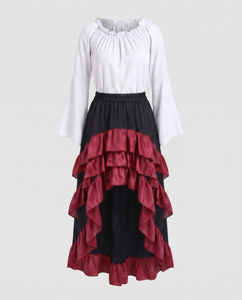 Frauen Historisches Rüschkleid mit Eleganter Korsage und Ausgestellt Rock Nord Taschen