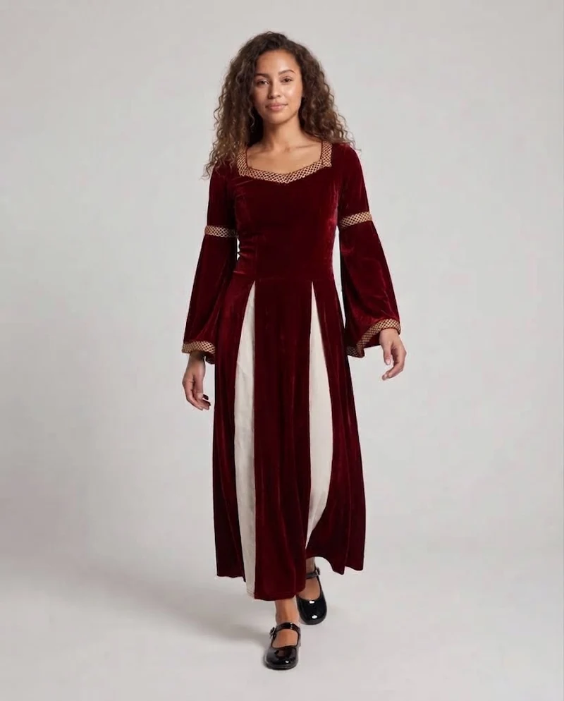 Frauen Historisches Samtkleid mit Ausgestellten Ärmeln und Dekorativem Kragen Nord Taschen