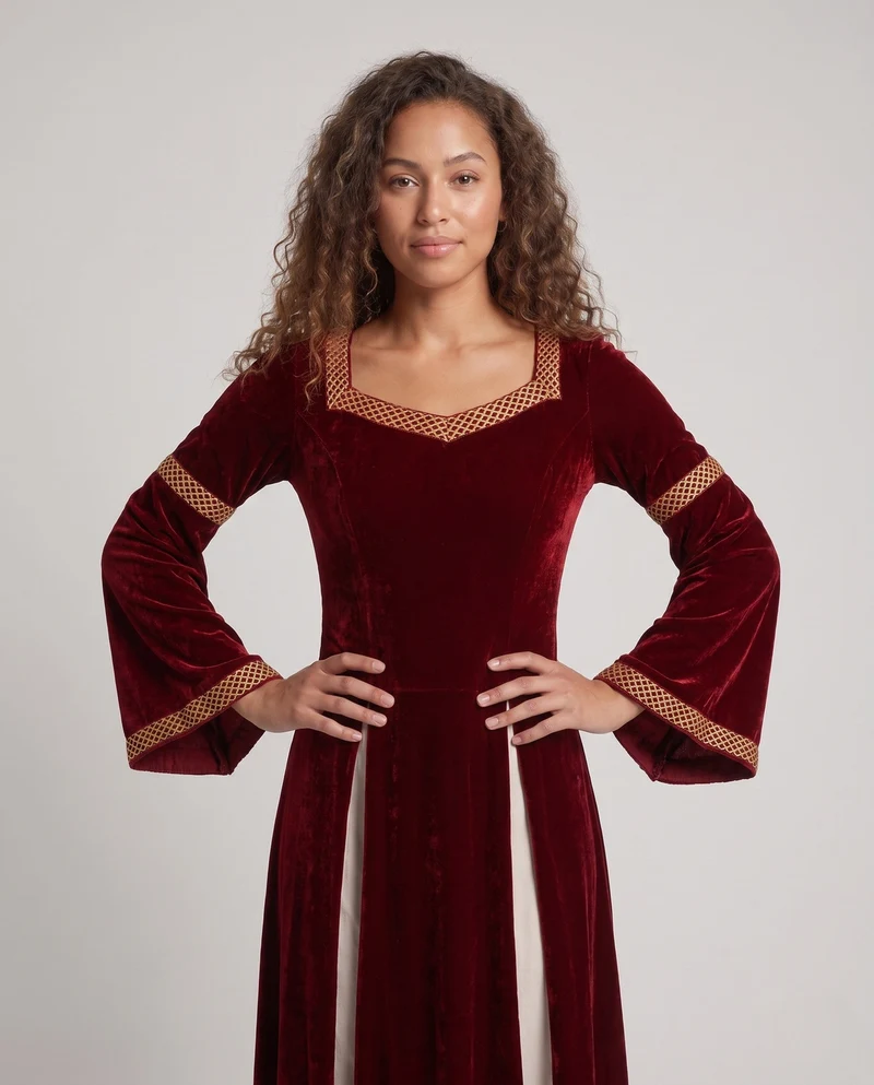 Frauen Historisches Samtkleid mit Ausgestellten Ärmeln und Dekorativem Kragen Nord Taschen