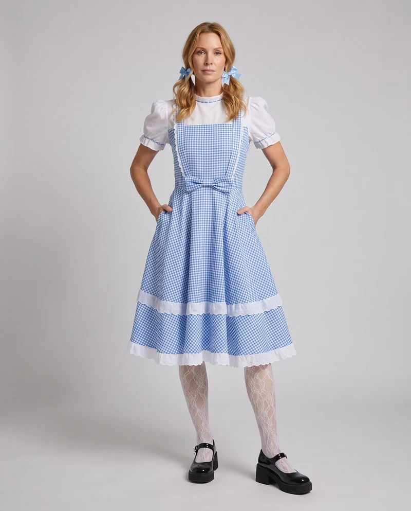 Damen nostalgisches kariertes Kleid mit Rüschendetails und passenden Accessoires Nord Taschen
