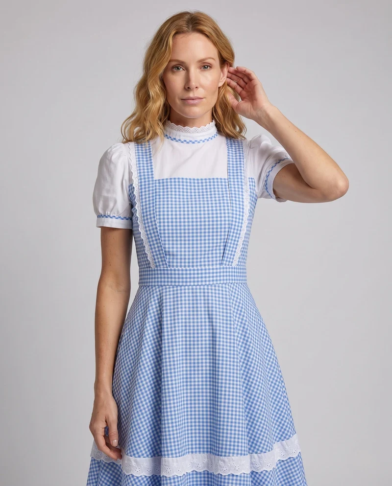 Damen nostalgisches kariertes Kleid mit Rüschendetails und passenden Accessoires Nord Taschen