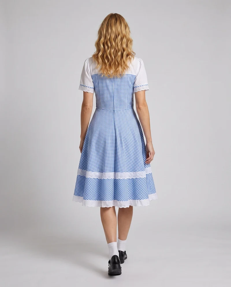 Damen nostalgisches kariertes Kleid mit Rüschendetails und passenden Accessoires Nord Taschen