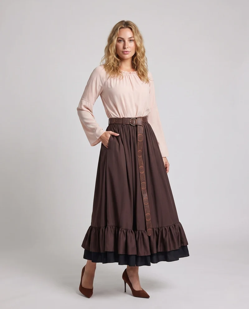 Damen Stylisches Langarmkleid mit Rüschen und Gürtel Nord Taschen