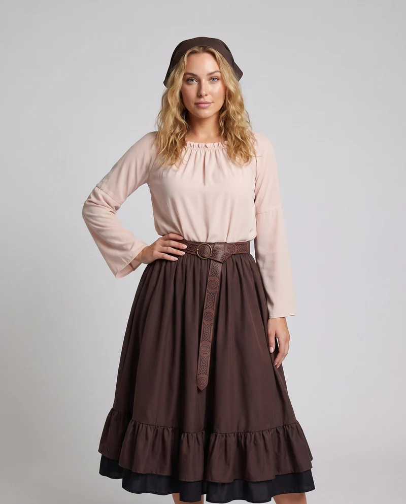 Damen Stylisches Langarmkleid mit Rüschen und Gürtel Nord Taschen