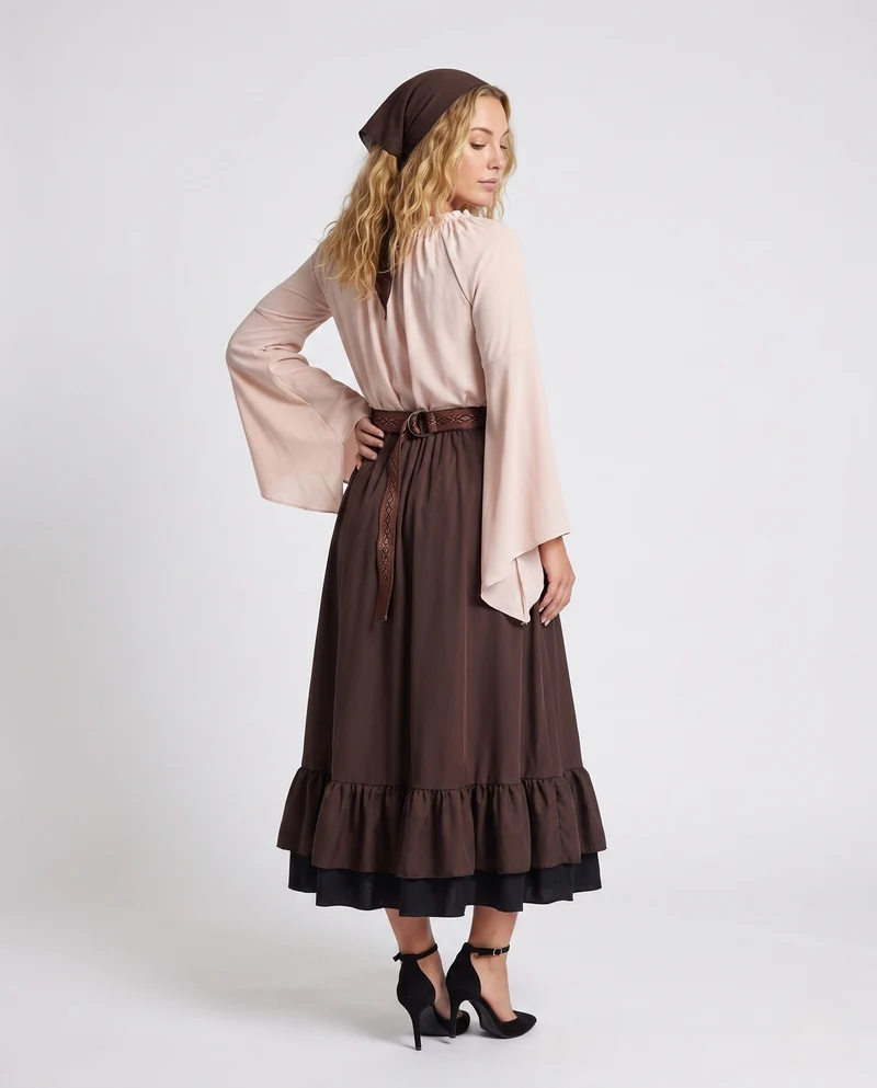 Damen Stylisches Langarmkleid mit Rüschen und Gürtel Nord Taschen