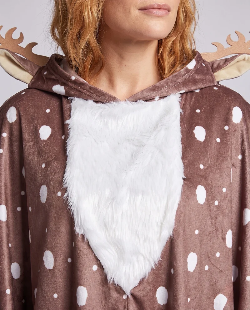 Damen Tierkostüm als reindeer-ähnliches Poncho mit Kapuze und 3D Geweihen Nord Taschen