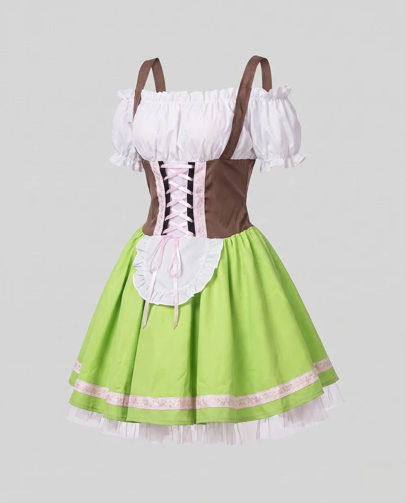Damen traditionelle Kleid mit voluminösem Rock und Rüschenverzierungen Nord Taschen