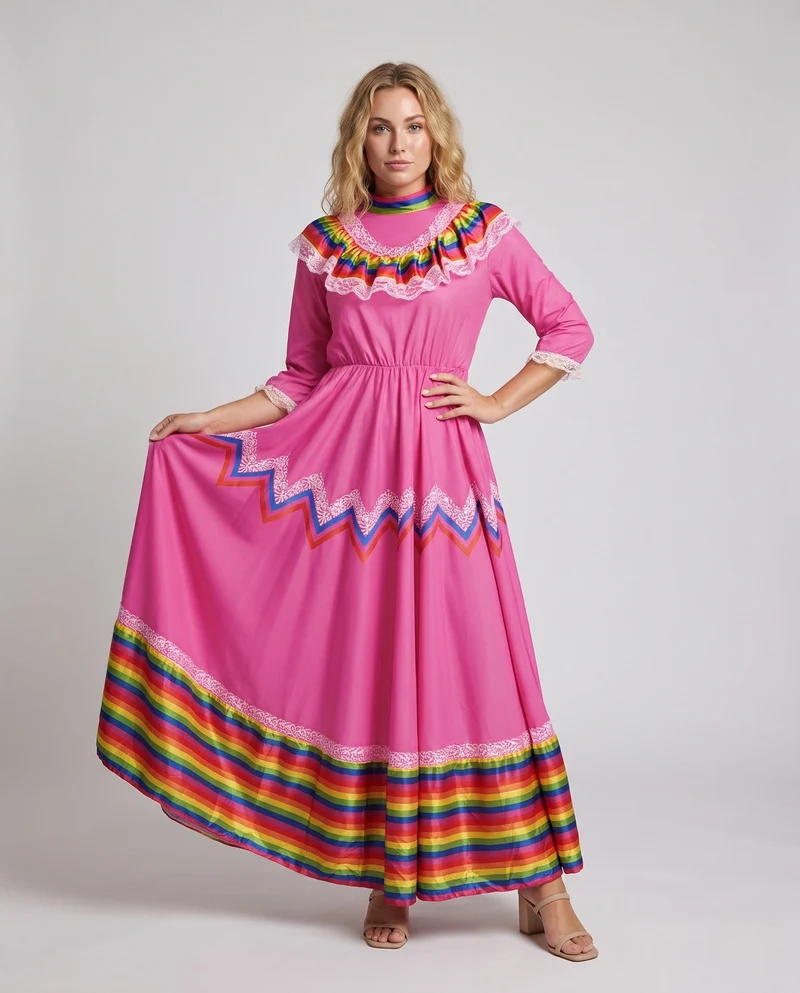 Frauen traditionelle Kleid mit buntem Saum und Spitzenverzierungen Nord Taschen