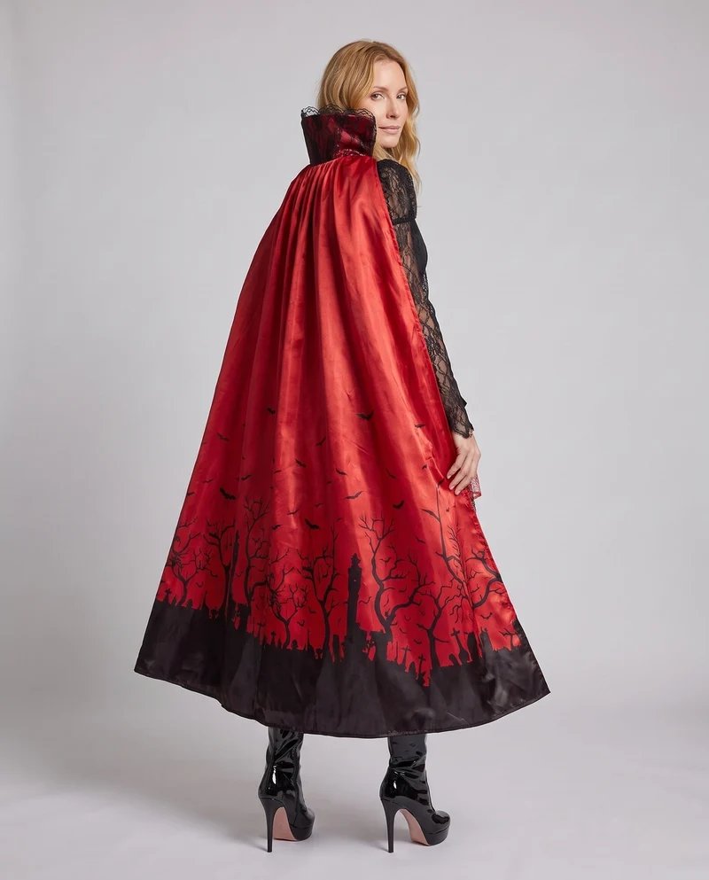 Damen Vampirkostüm mit Kapuze, Spitzenärmeln und glänzendem Rock Nord Taschen