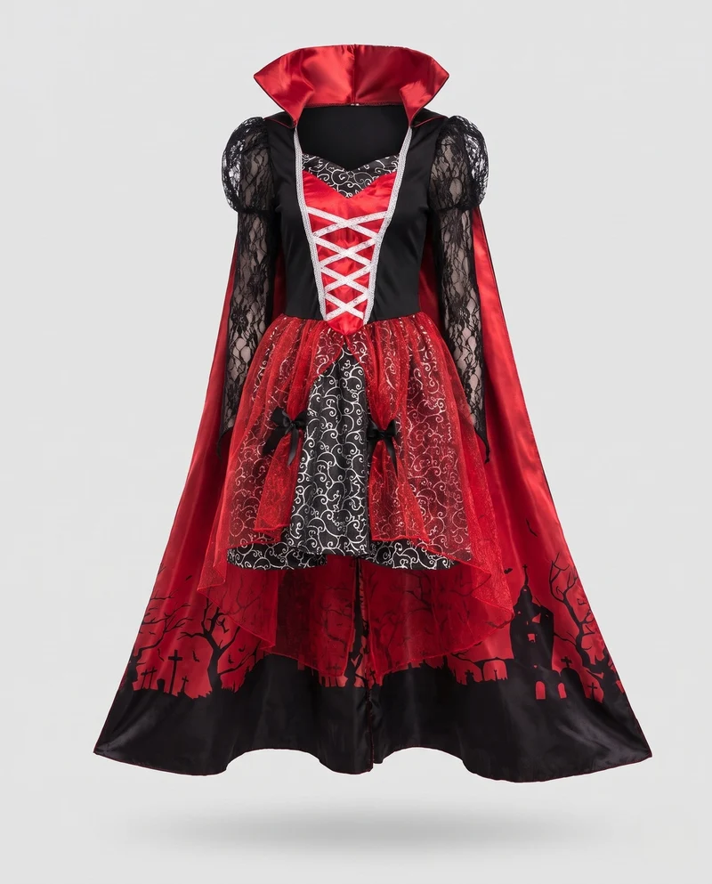 Damen Vampirkostüm mit Kapuze, Spitzenärmeln und glänzendem Rock Nord Taschen