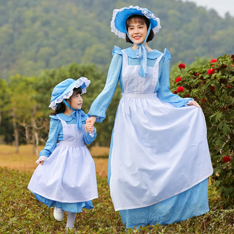 Damen Vintage Bauernkleid mit romantischen Rüschen und passendem Hut Nord Taschen