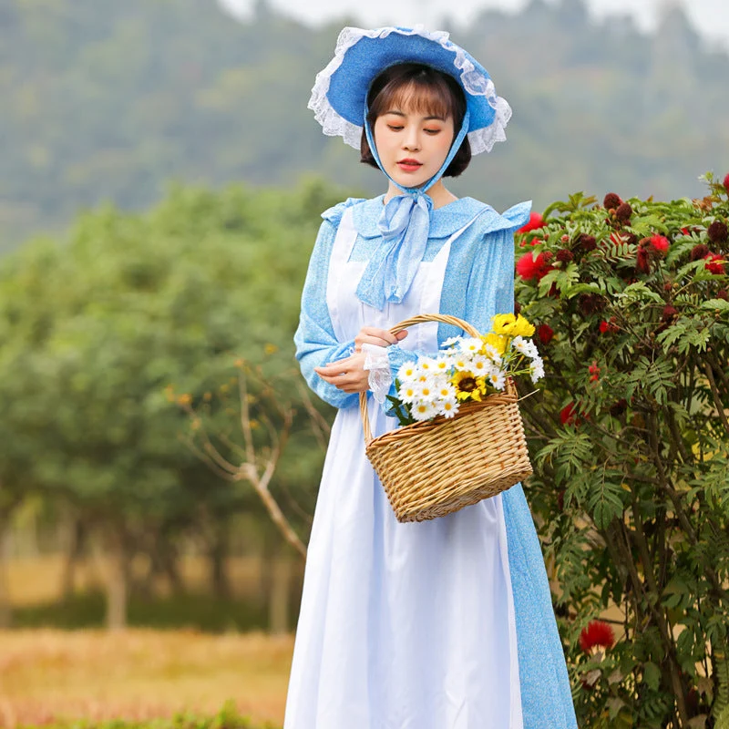 Damen Vintage Bauernkleid mit romantischen Rüschen und passendem Hut Nord Taschen