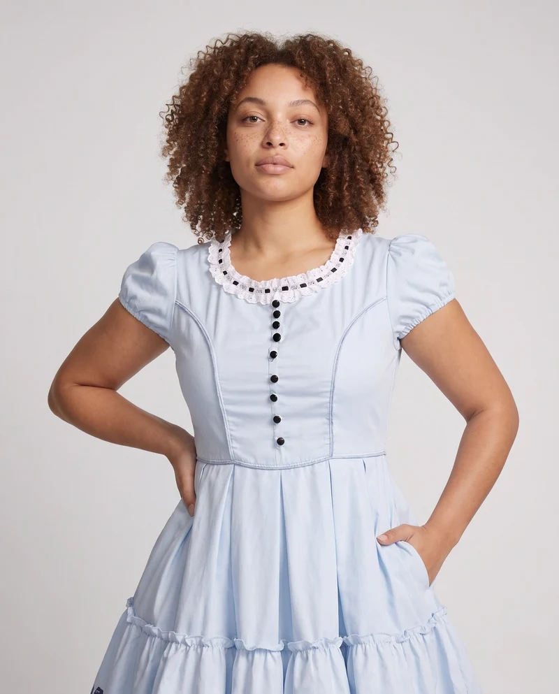 Damen Vintage Kleid mit Rüschensaum und Knopfdetails Nord Taschen