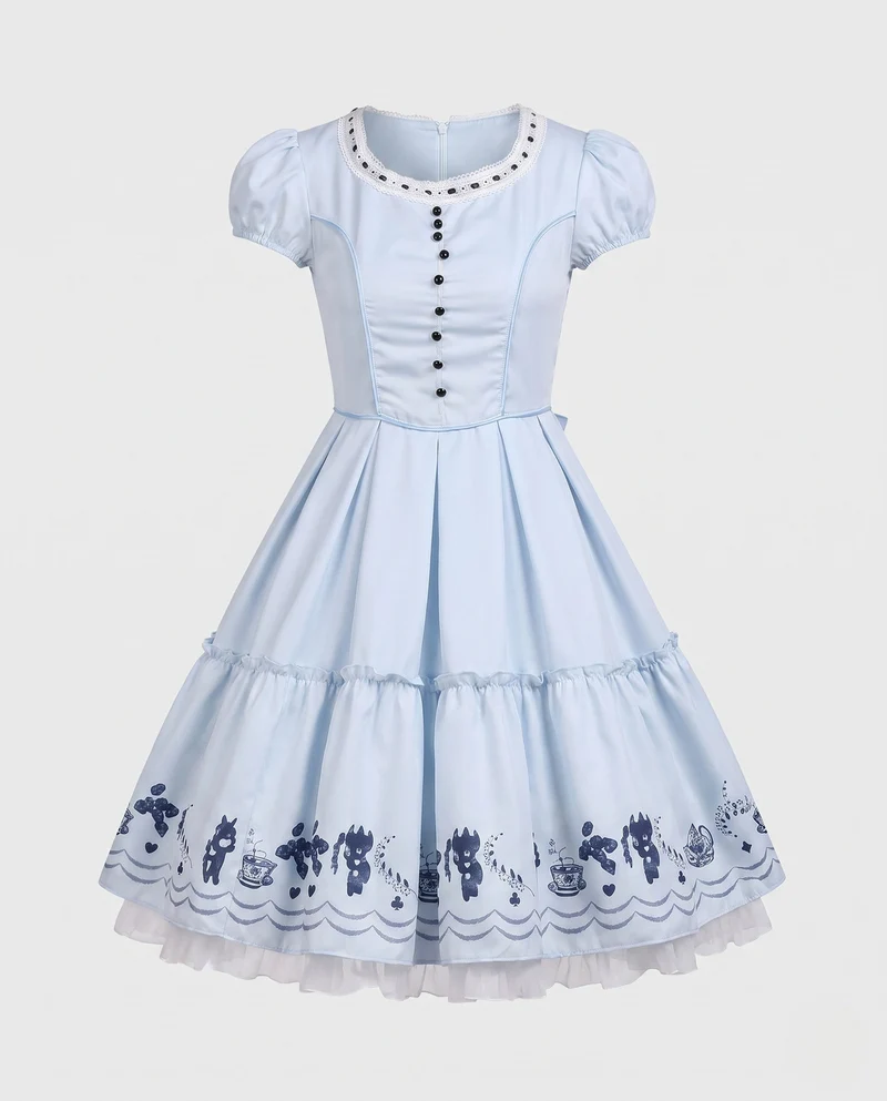 Damen Vintage Kleid mit Rüschensaum und Knopfdetails Nord Taschen